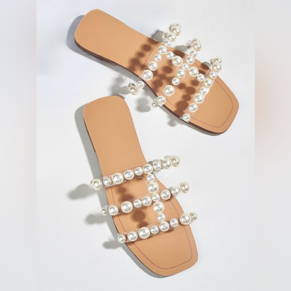 Pearl Embellished Flat Sandals with Clear Straps Slides 39 | 8